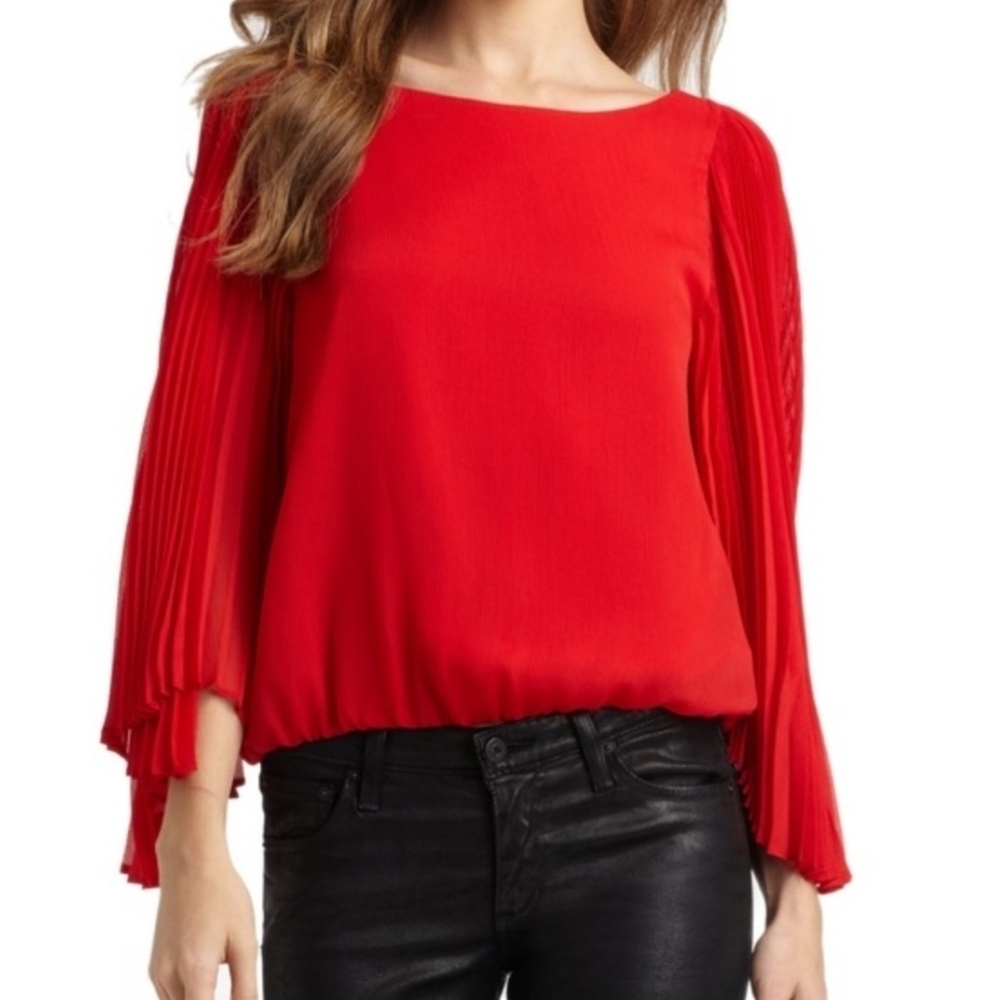 Simply Liliana Woman Elegant Blouse Red Butterfly Sleeve Sz XL Elastic Waistband